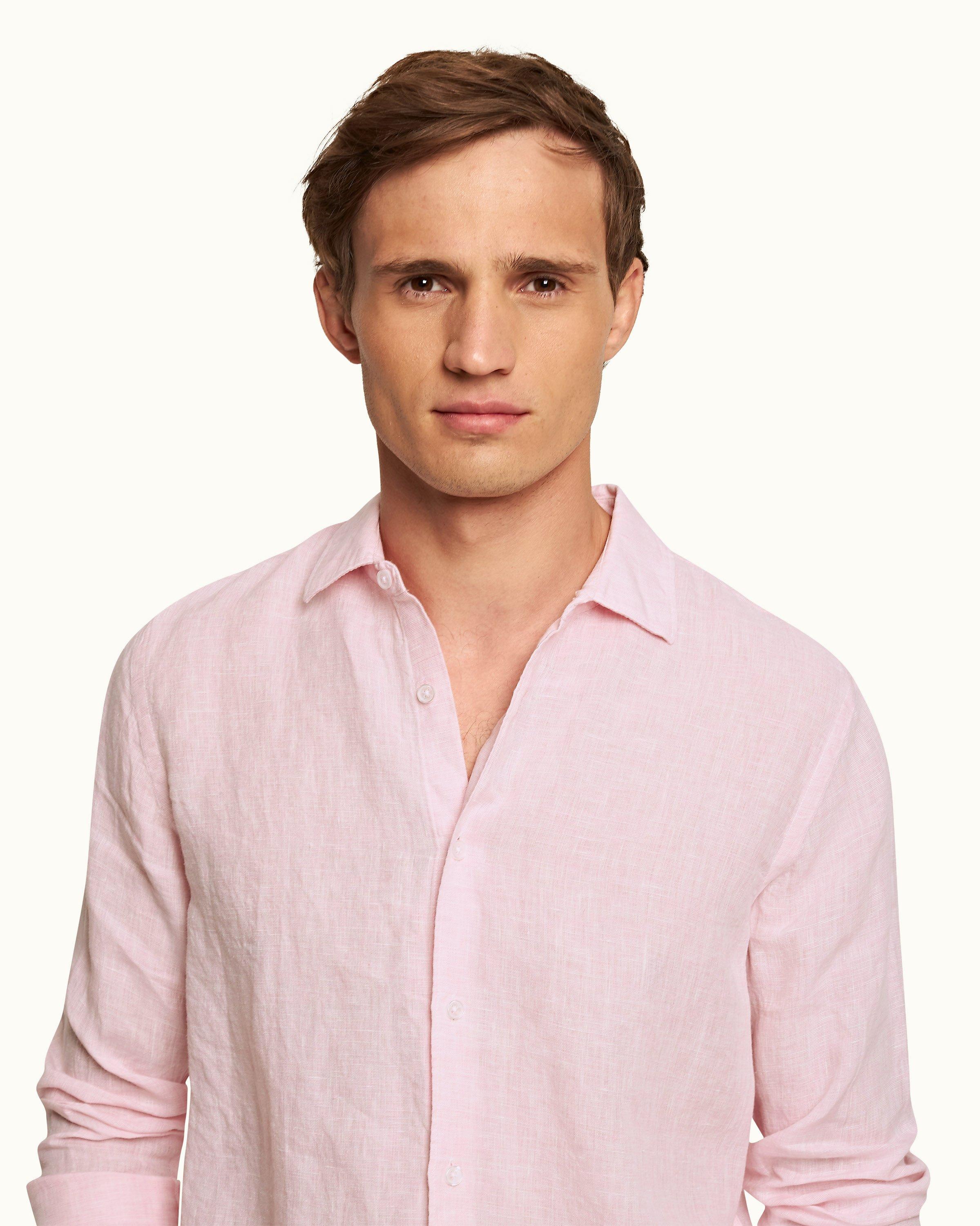 Giles Linen - Pale Pink/White Classic Collar Tailored Fit Linen Shirt