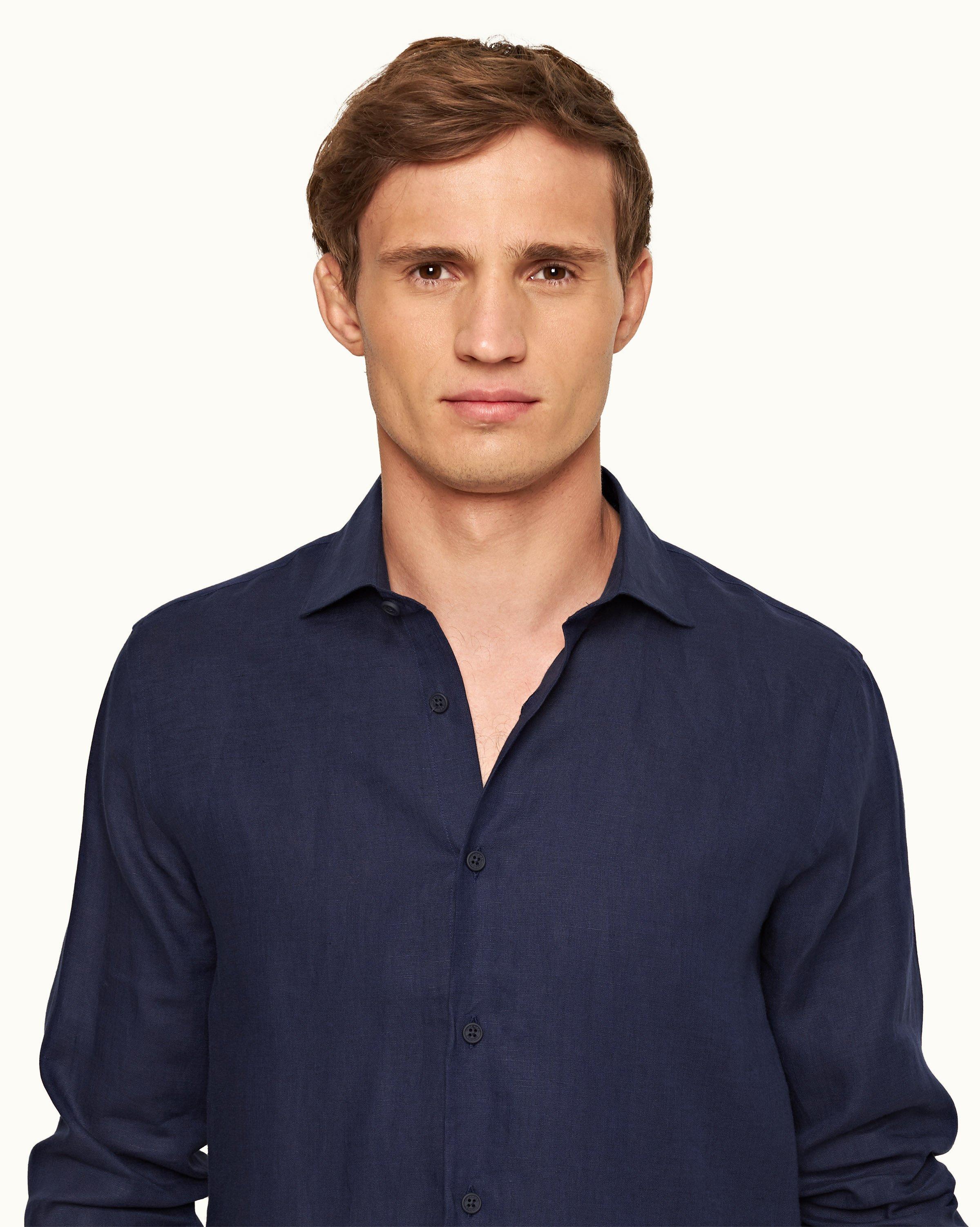 Navy Cutaway Collar Tailored Fit Linen Shirt | Orlebar Brown