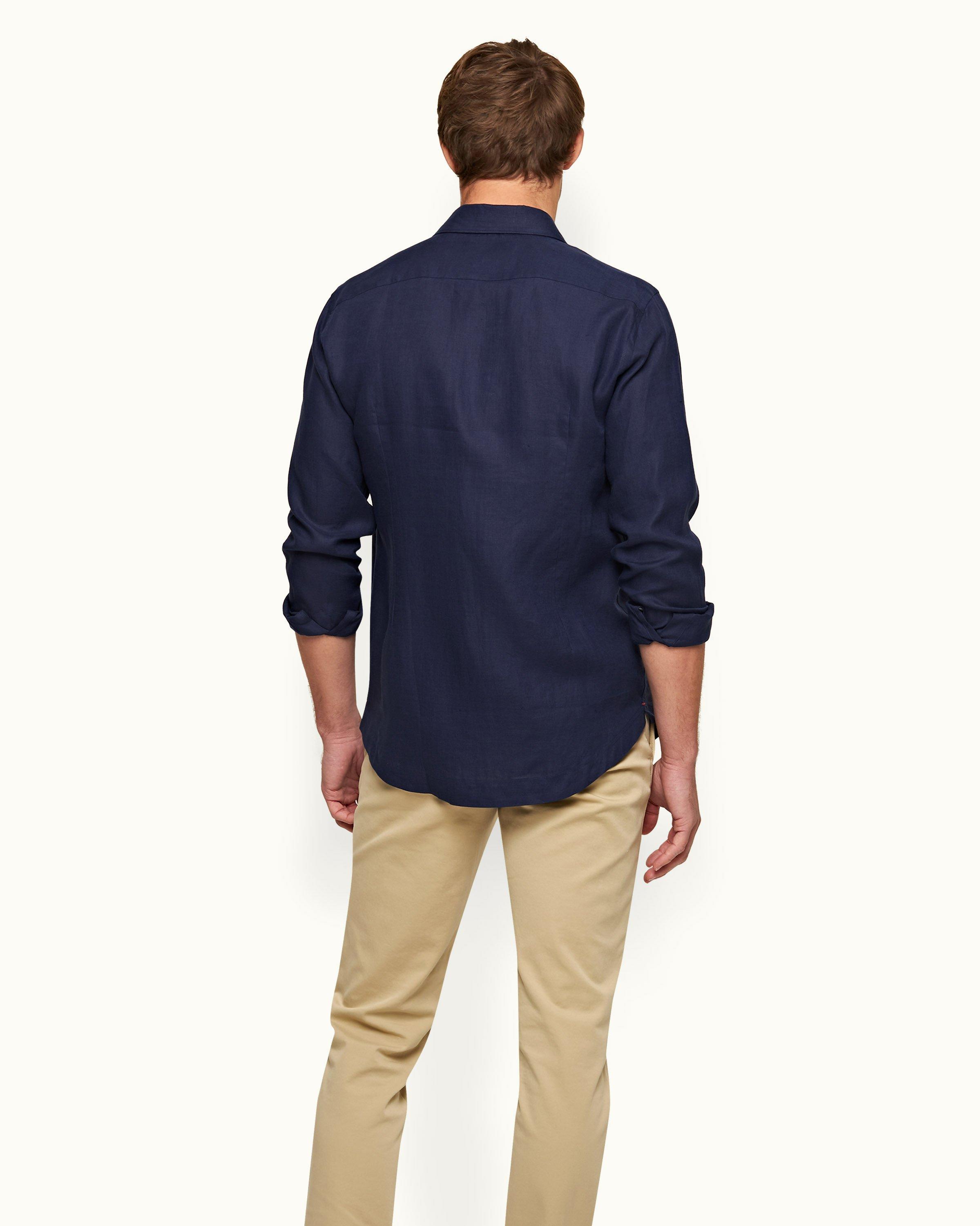 Navy Cutaway Collar Tailored Fit Linen Shirt | Orlebar Brown