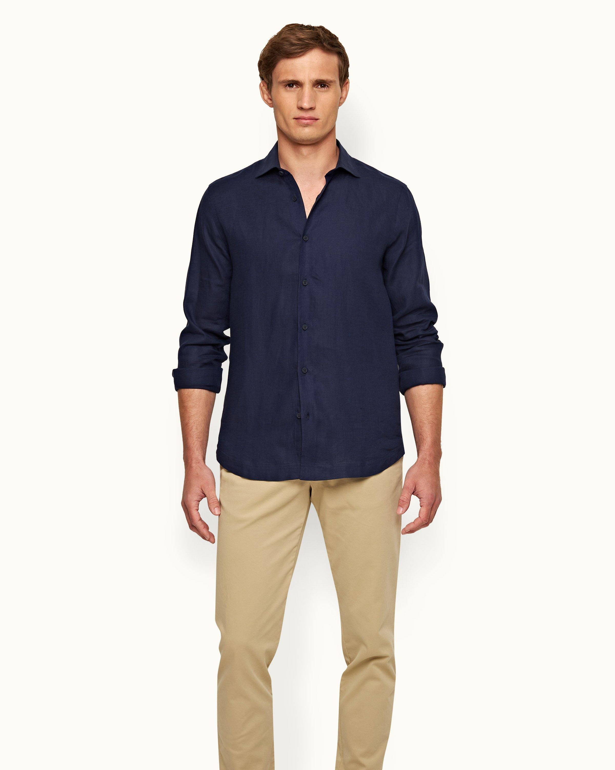 Navy Cutaway Collar Tailored Fit Linen Shirt | Orlebar Brown