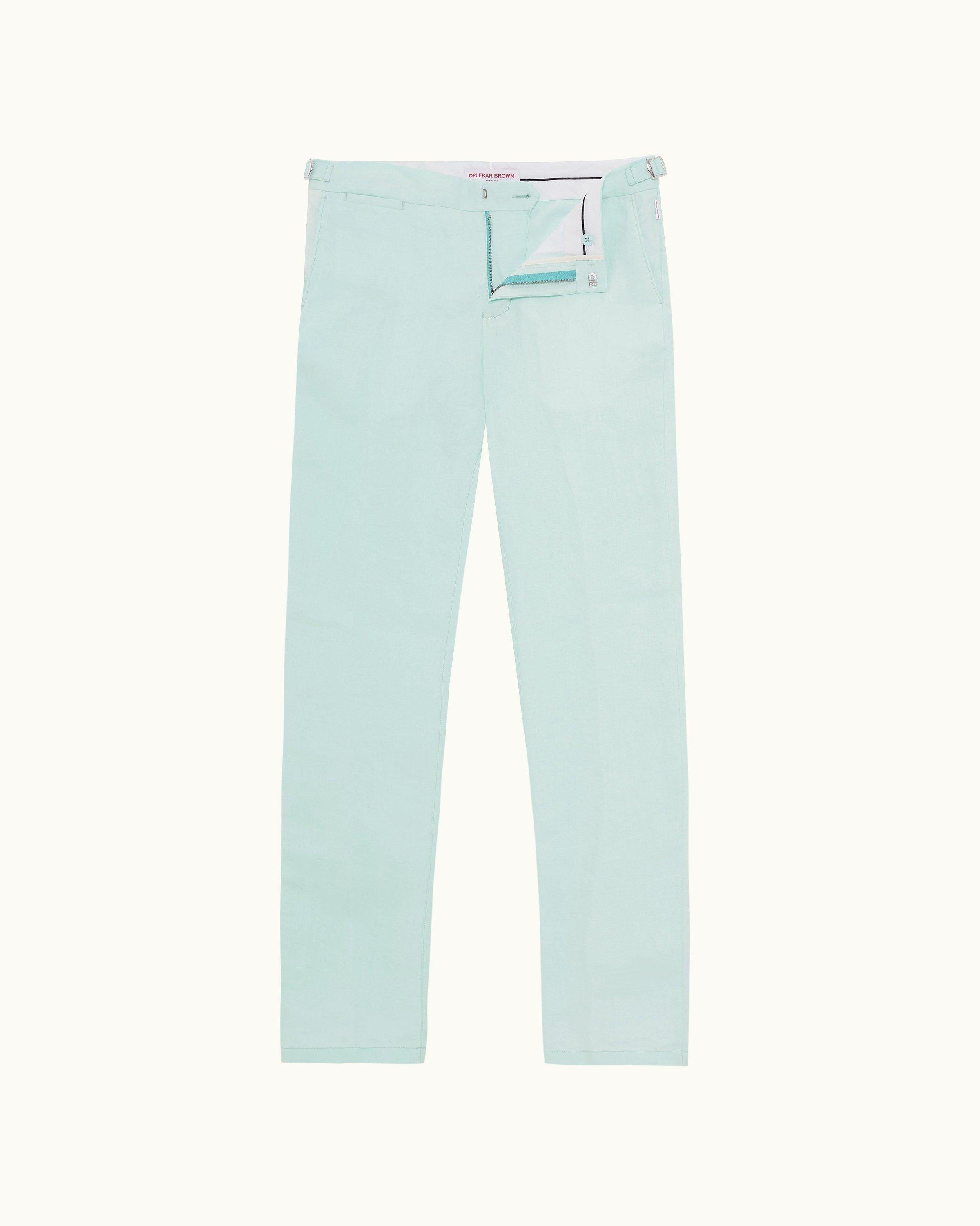 Mens Light Blue Tailored Fit Linen Trousers, Luxury Menswear