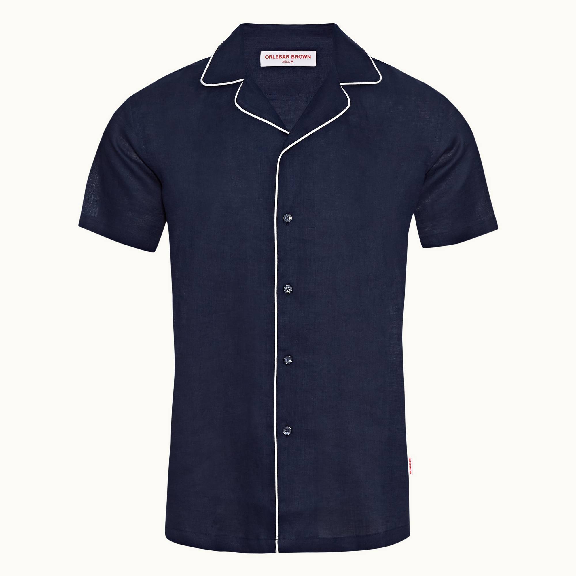 Hibbert Piping - Mens Navy Capri Collar Contrast Piping Linen Shirt
