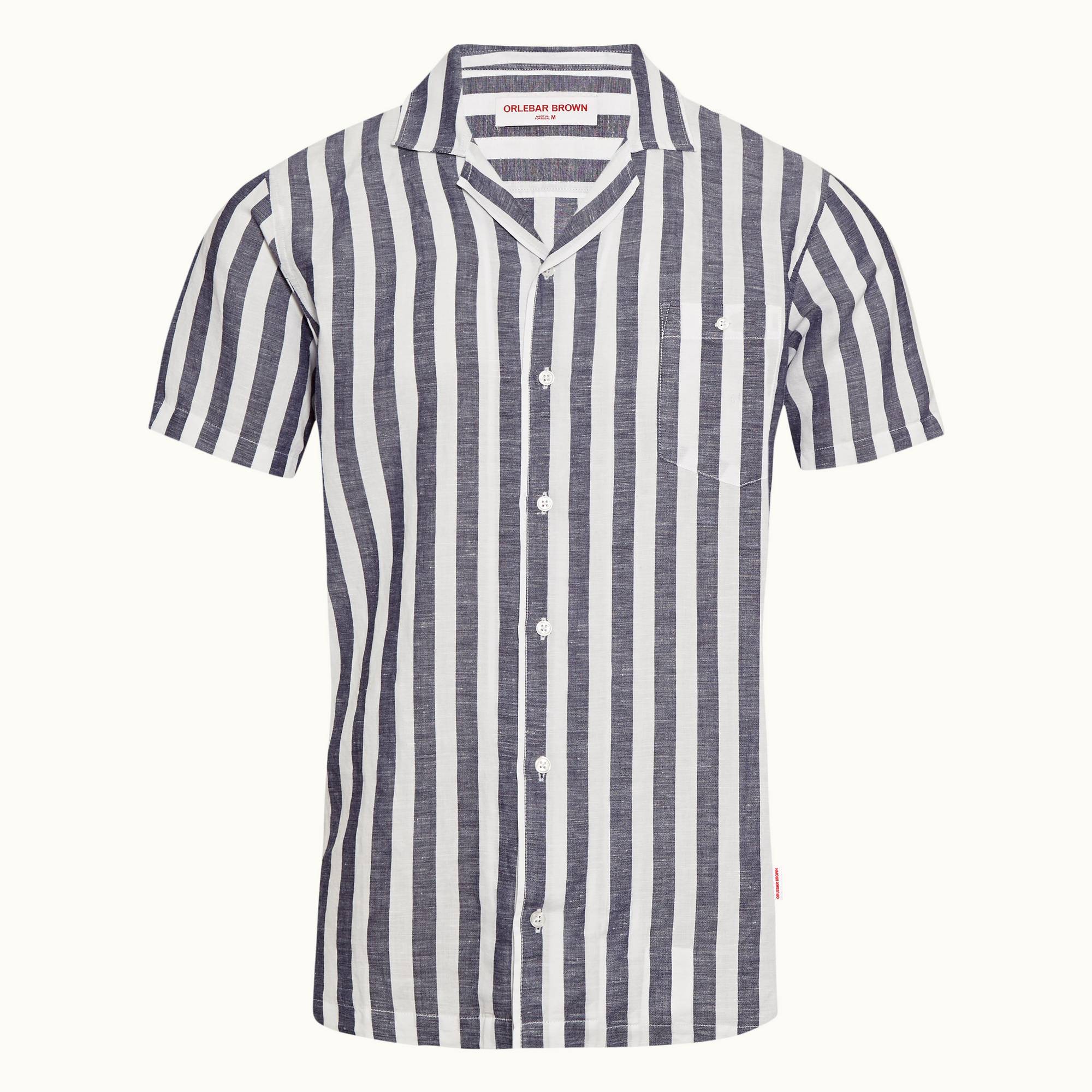Hibbert Stripe - Mens Ink/Cloud Capri Collar Stripe Linen Blend Short-Sleeve Shirt