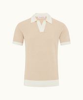 Horton - Mens Tailored Fit Contrast Texture Merino Polo Shirt In White Sand/Biscuit Colour