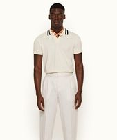 Jarrett - Mens White Sand Classic Fit Stripe Tipped Collar Cotton Polo Shirt