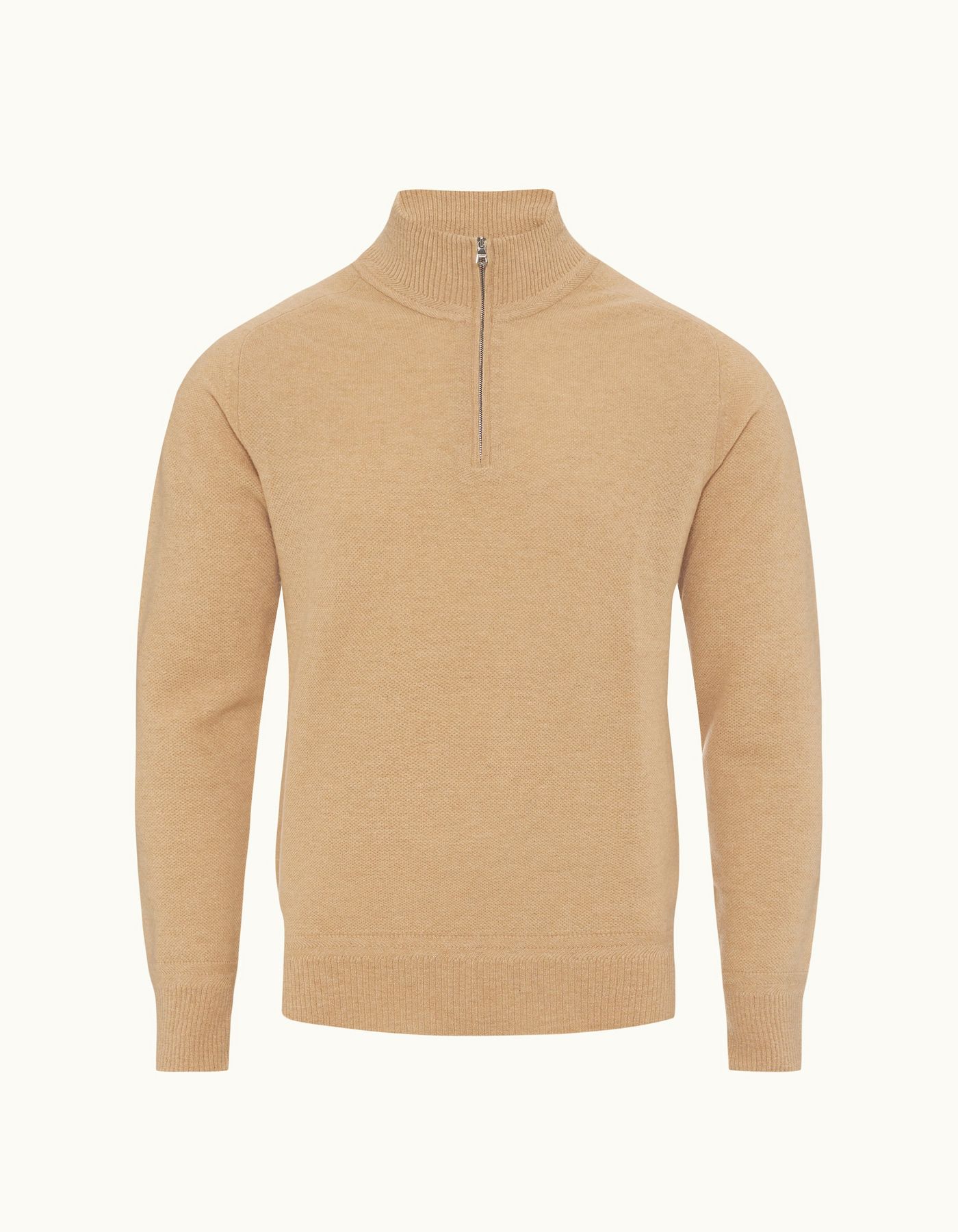 Lennard Cashmere - Mens Classic Fit Half-Zip Fully Fashioned Cashmere Jumper in Biscuit Colour