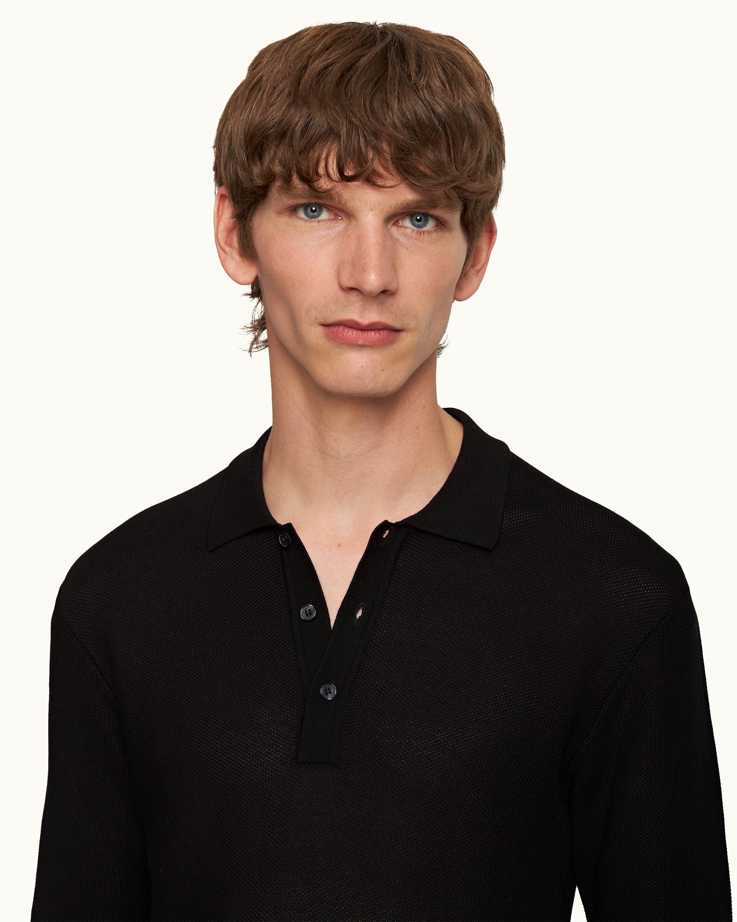 open-neck linen polo shirt Schwarz - ArvindShops - Baru Jacquard