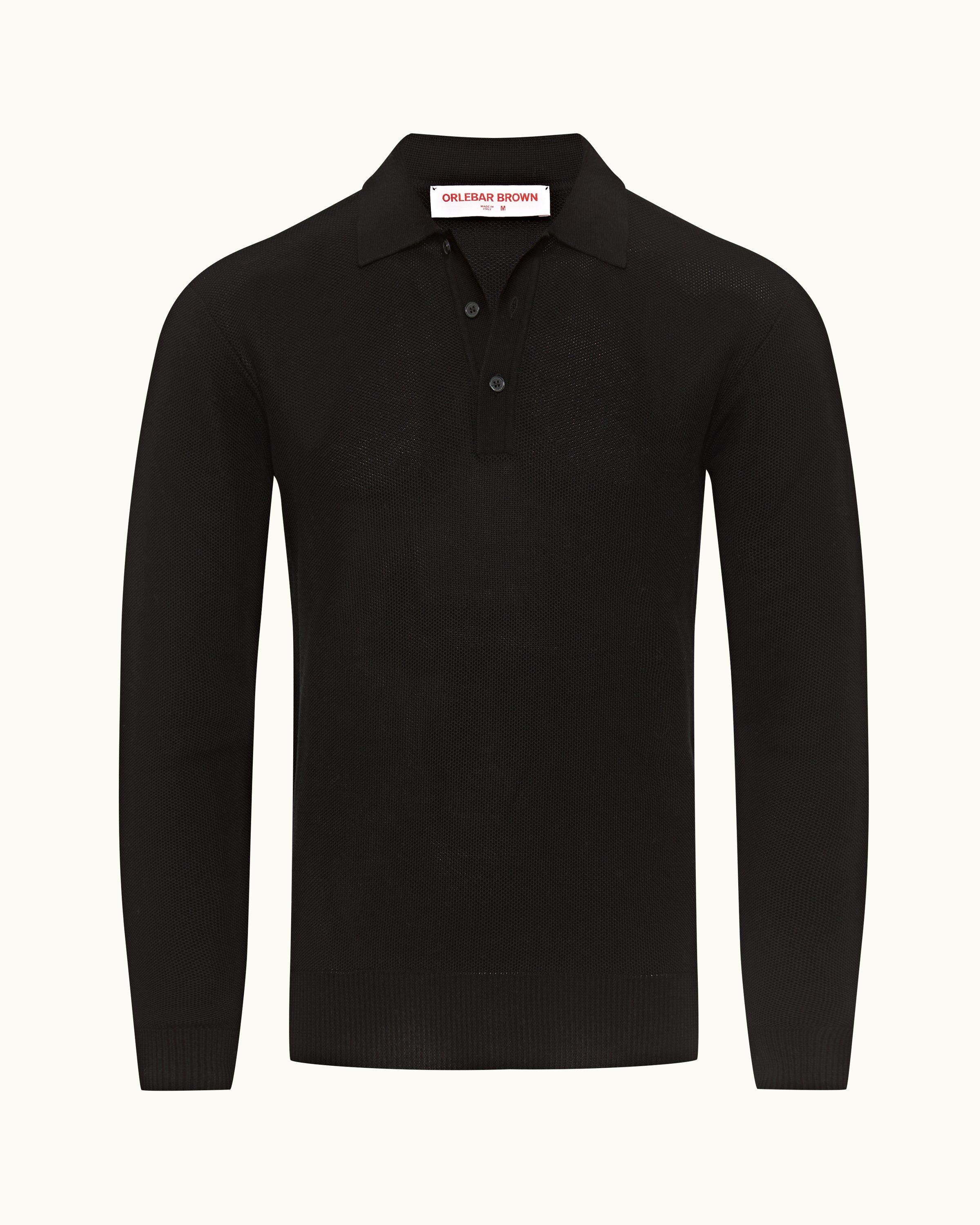 Men's black merino 2024 wool long sleeve polo