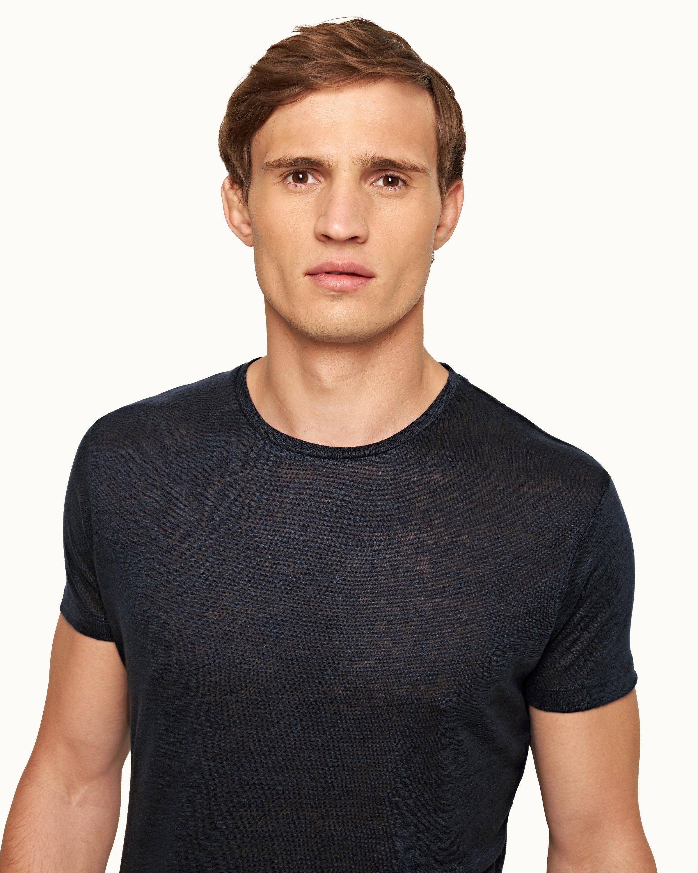 Navy Tailored Fit Crew Neck Linen T-shirt | Orlebar Brown