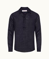 Percy - Mens Dark Navy Classic Collar Overhead Linen Shirt