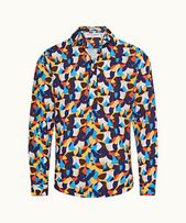 Ridley Moissan - Mens Yellow Blaze/Horizon Blue Moissan Print Overhead Linen Blend Shirt
