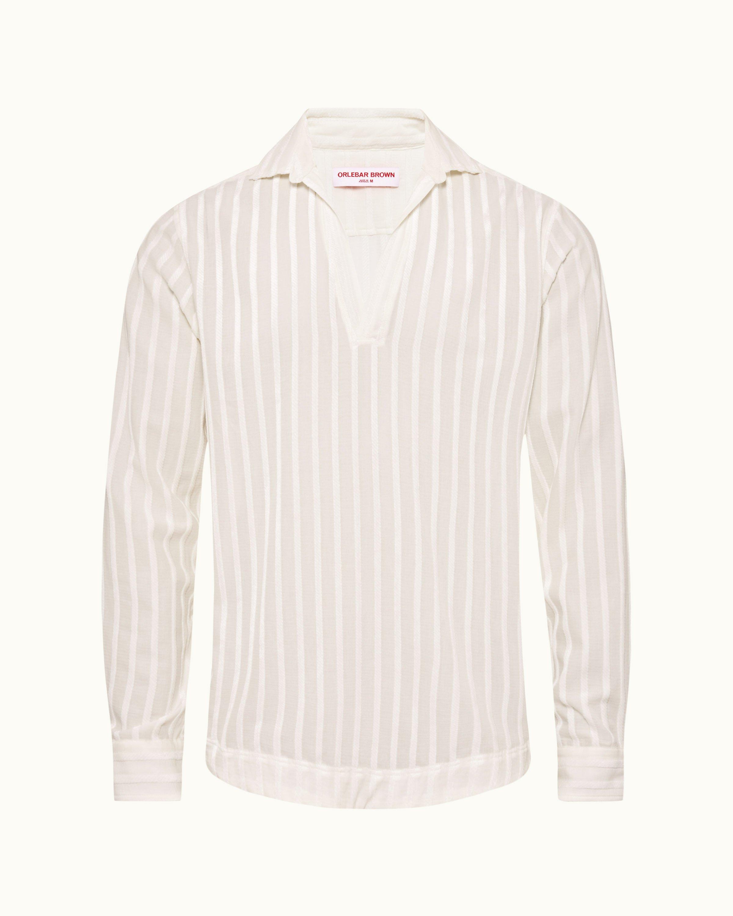 White Relaxed Fit Classic Collar Open Placket Chenille Stripe Shirt