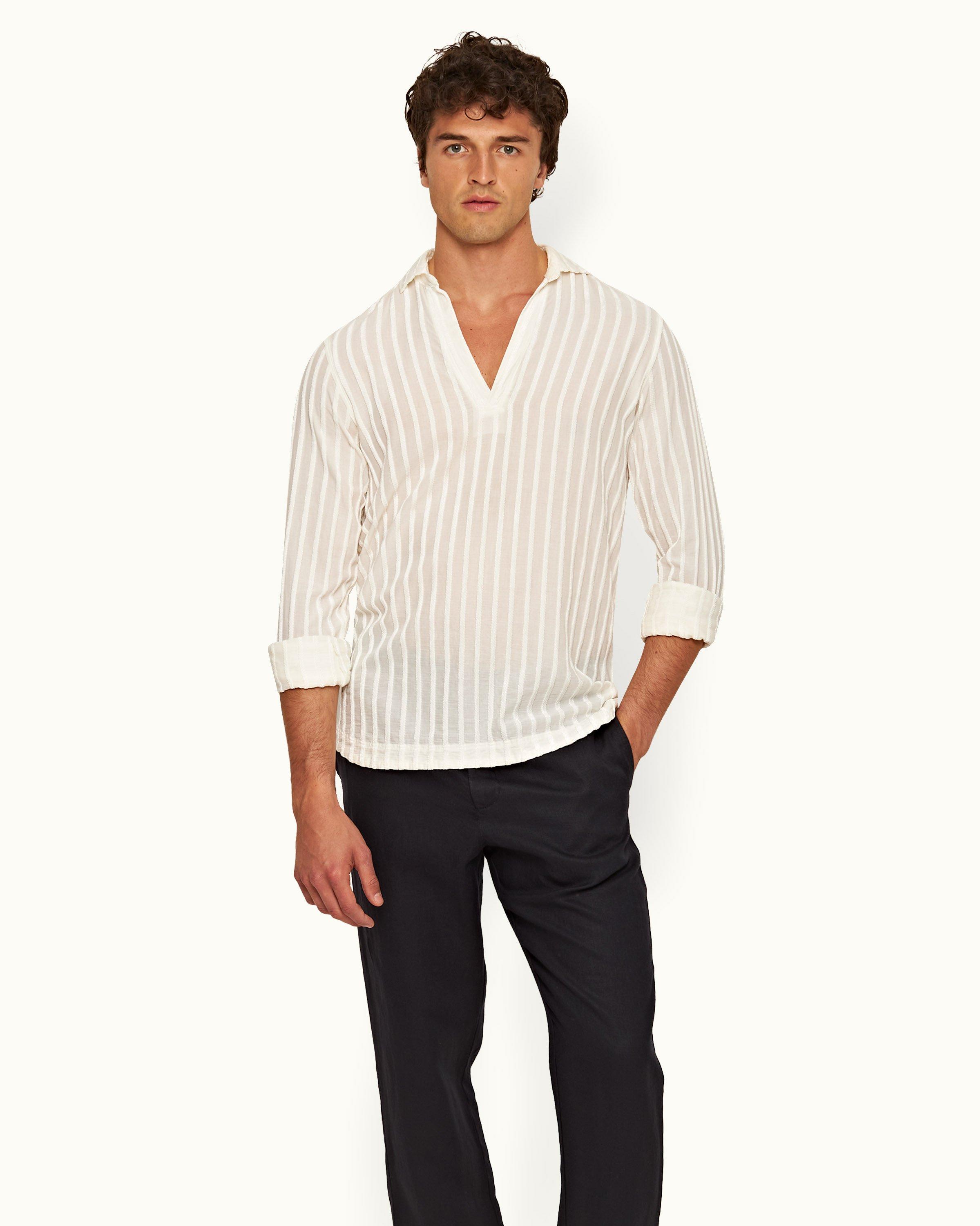 Orlebar Brown  White Tonal Chenille Stripe Relaxed Fit Overhead Shirt