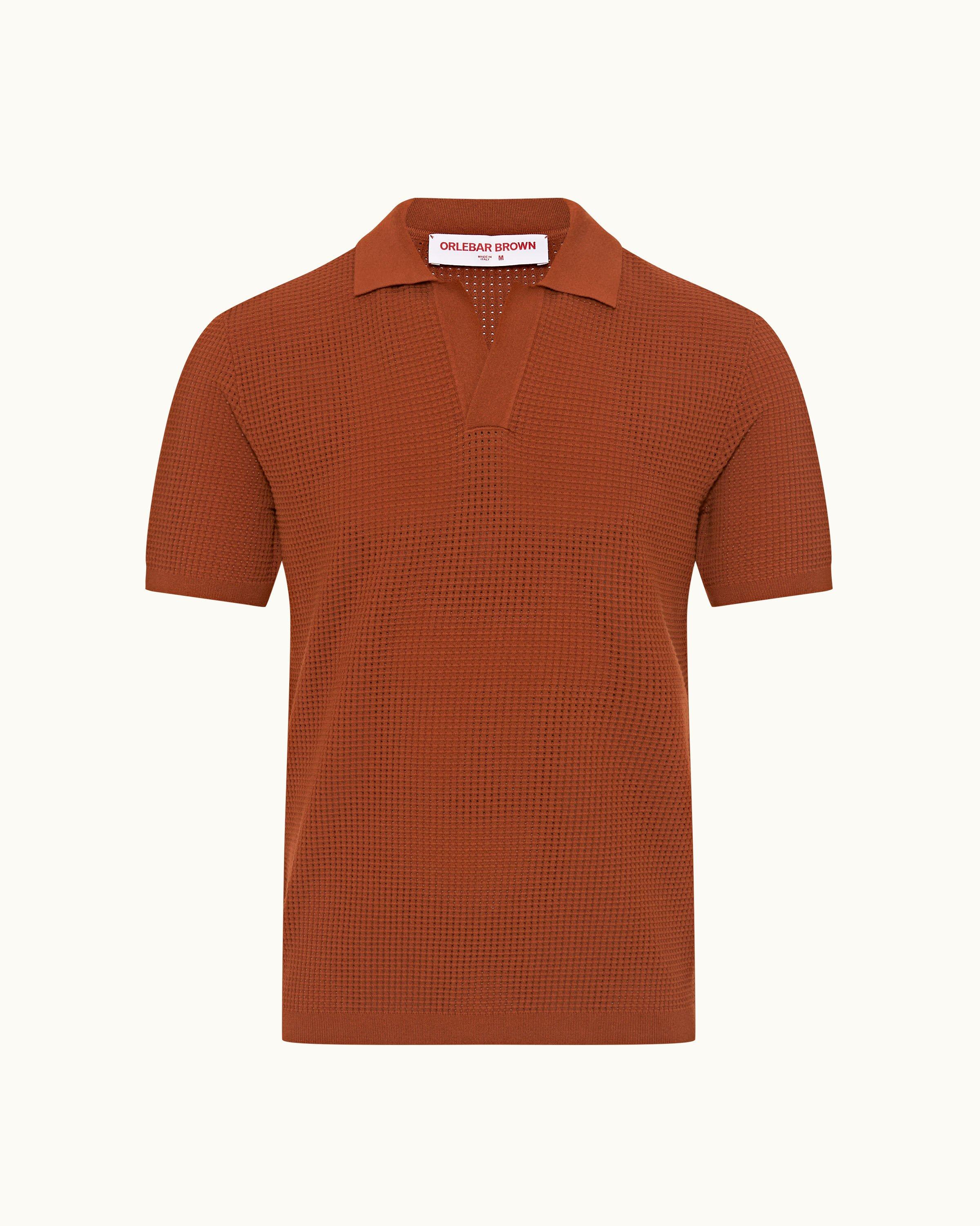 Orlebar Brown Cinnamon Coffee Classic Fit Waffle Mesh Stitch Polo Shirt