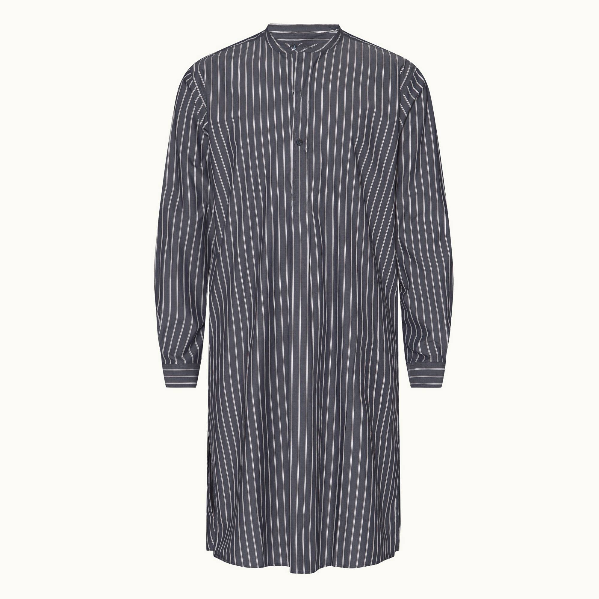 Shuman - Mens Midnight Navy Pinstripe Relaxed Fit Grandad Collar Cotton Nightshirt
