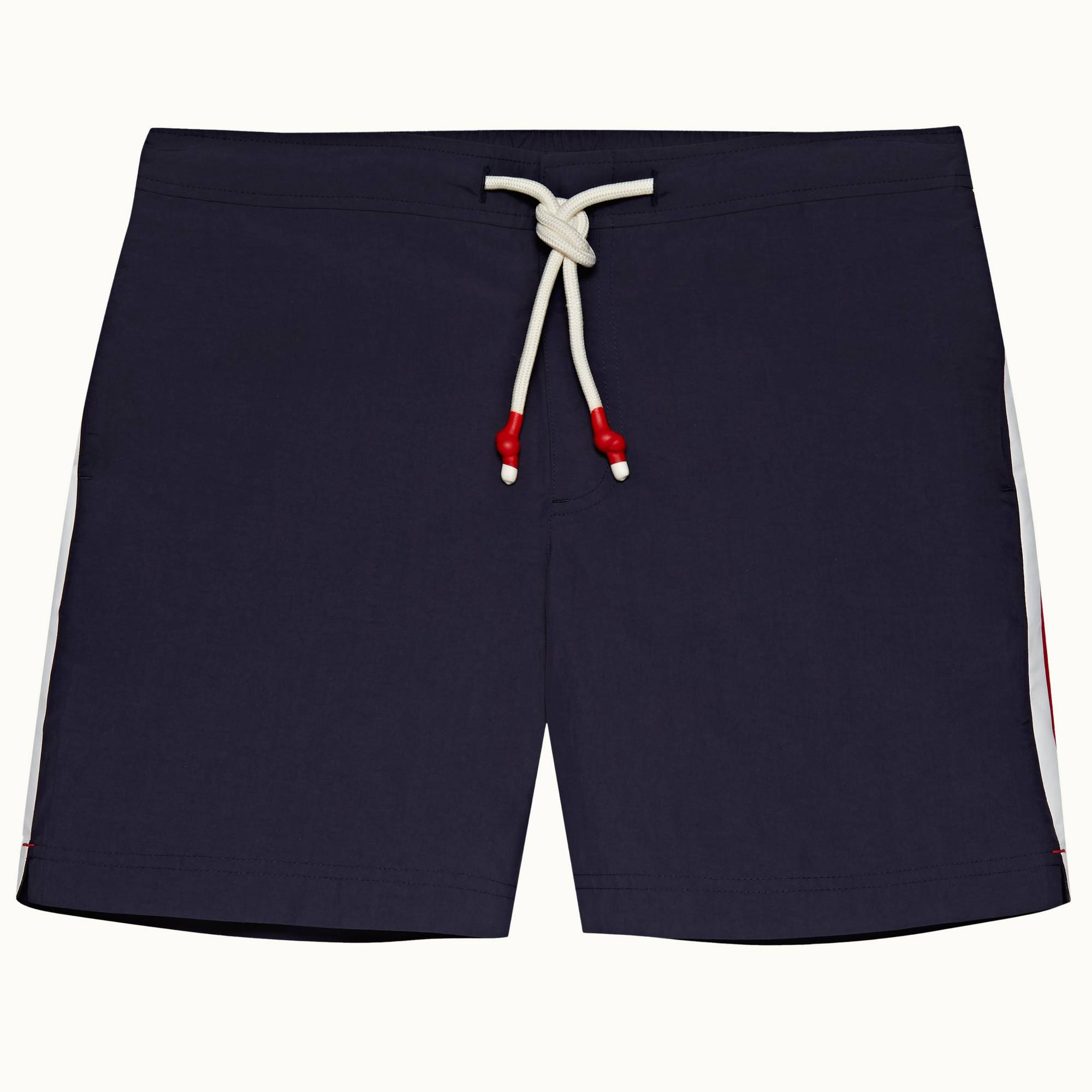 Standard - Mens Navy Stripe Seam Mid-Length Drawcord Swim Shorts