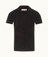 Terry Towelling - Mens Black Tailored Fit Towelling Resort Polo Shirt