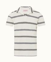 Terry Towelling - Mens White Sand/Night Iris Twin Stripe Tailored Fit Towelling Resort Polo Shirt