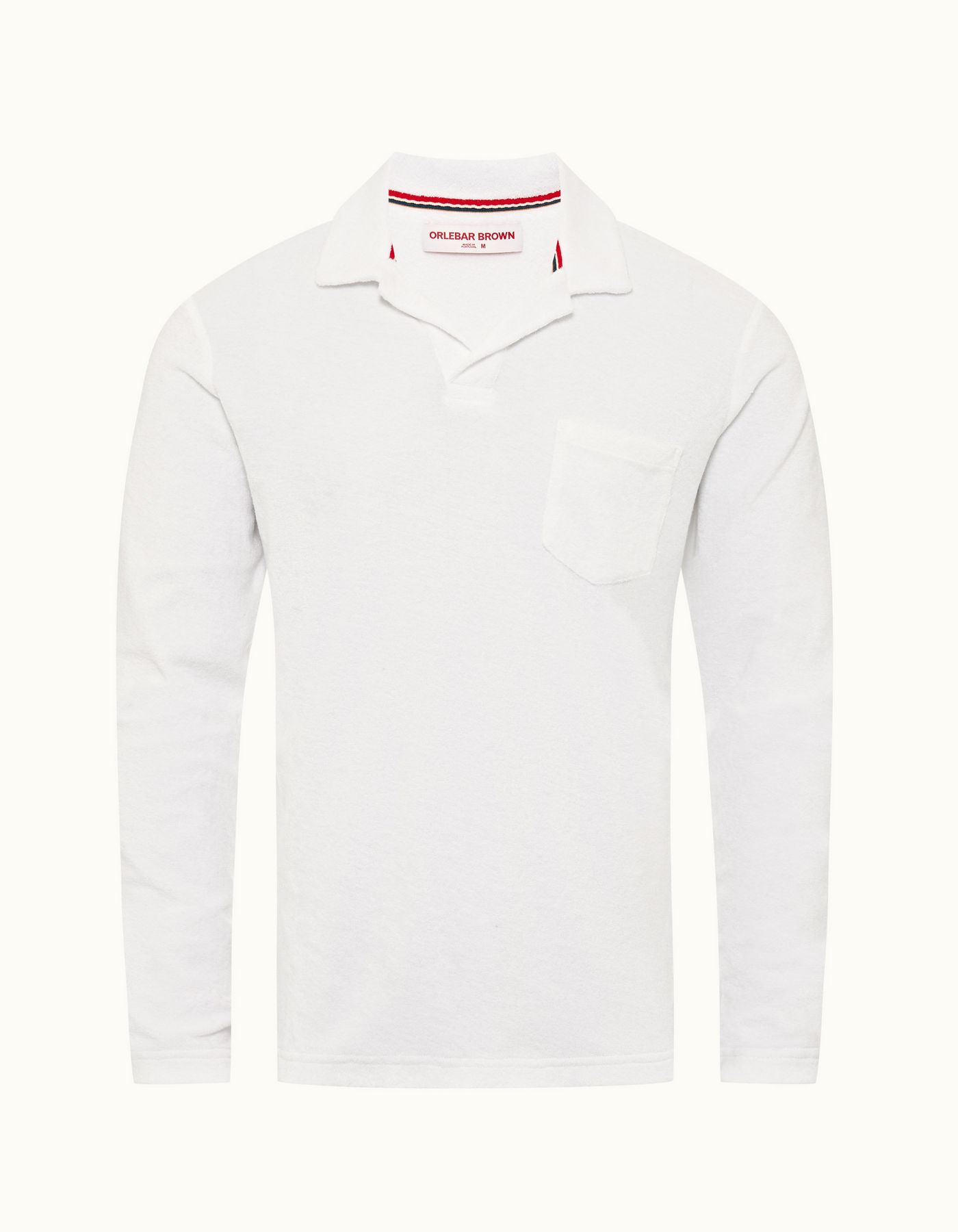 Terry Towelling - Mens White O.B Stripe Tailored Fit Long-Sleeve Towelling Resort Polo Shirt
