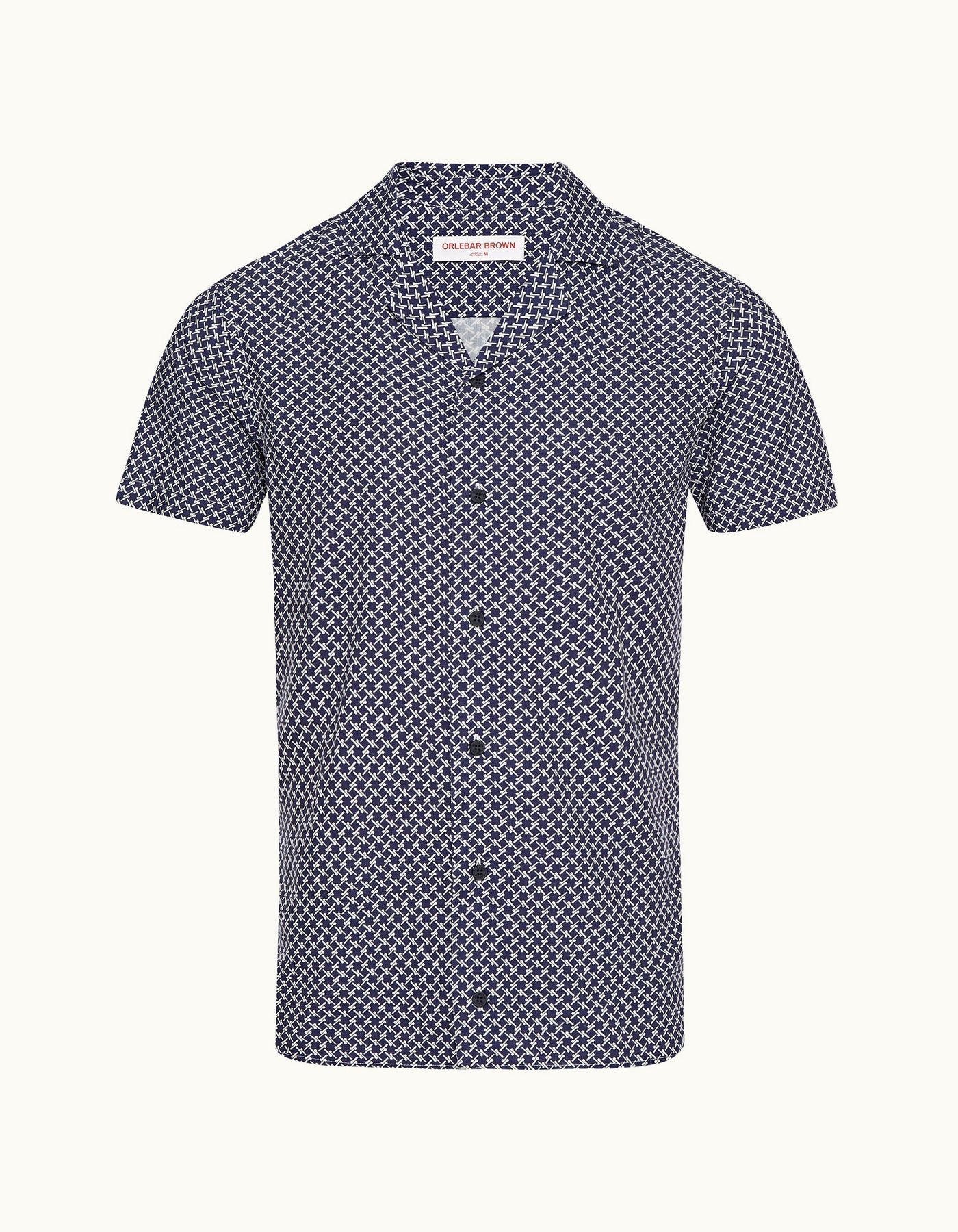 Travis Linen - Mens Navy/White Seglas Geometric Print Capri Collar Shirt