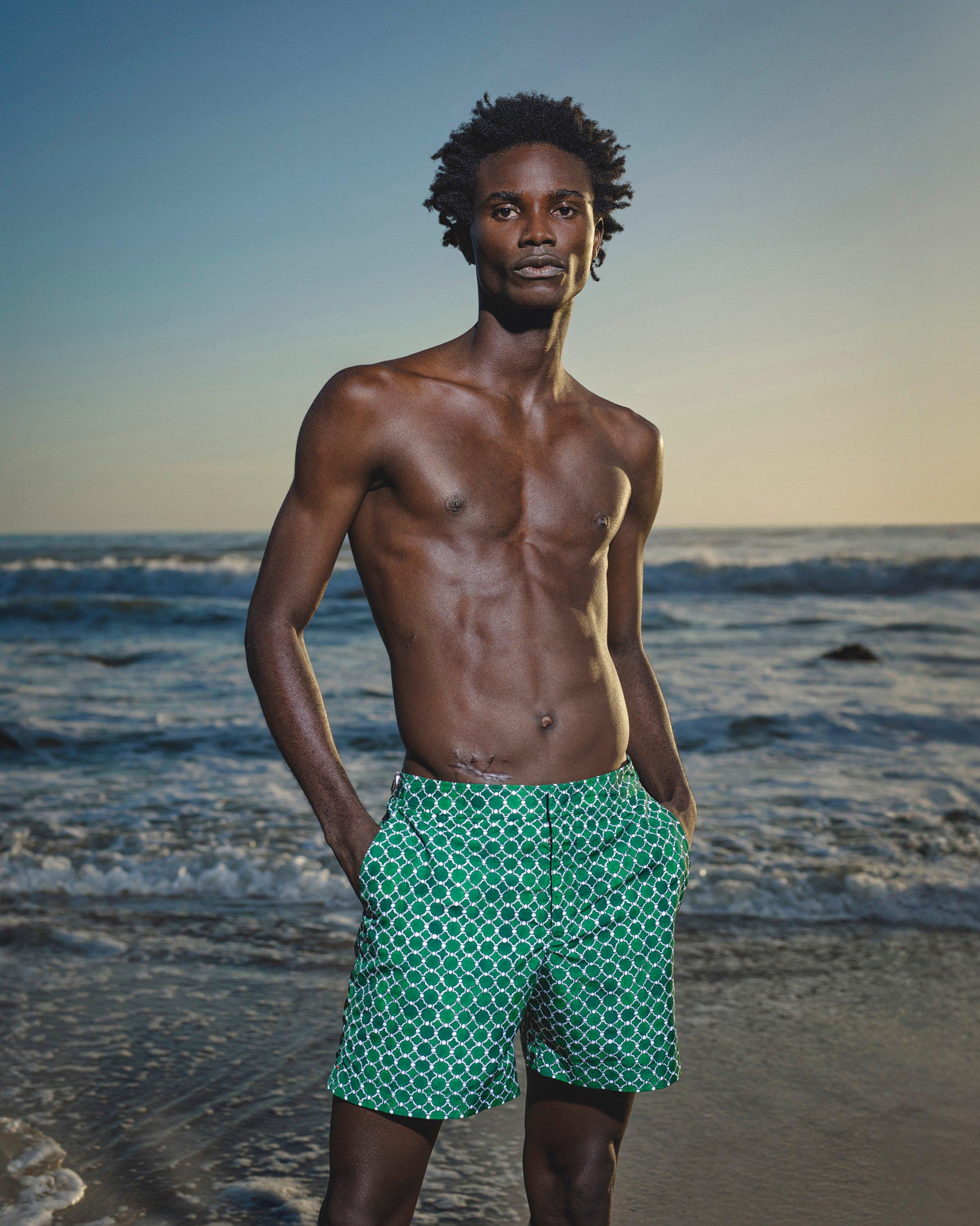 Orlebar Brown Bulldog - White Sand/Night Iris Geometric Orb Jacquard Mid-Length Swim Shorts