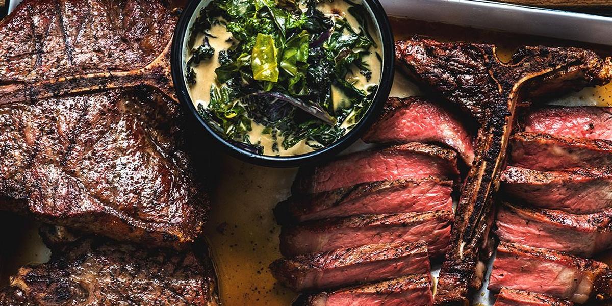 Grilled Porterhouse Steak With Creamed Greens Recipe Traeger Grills