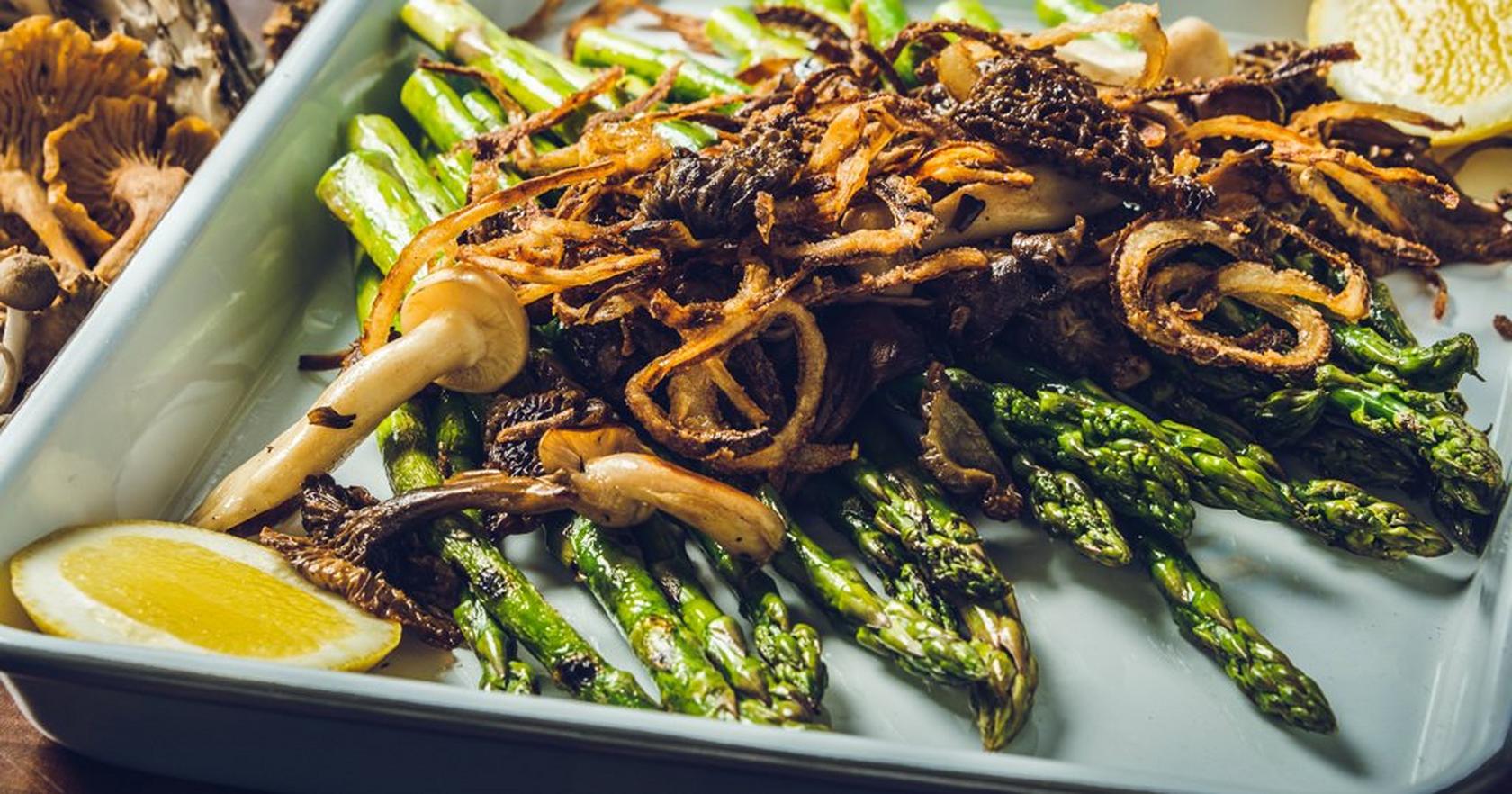 Grilled Asparagus with Wild Mushrooms and Fried Shallots