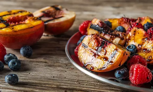 Grilled Stone Fruit with Berries & Cream