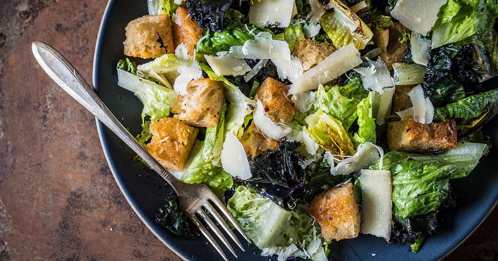 image of Grilled Kale Caesar Salad with Homemade Croutons