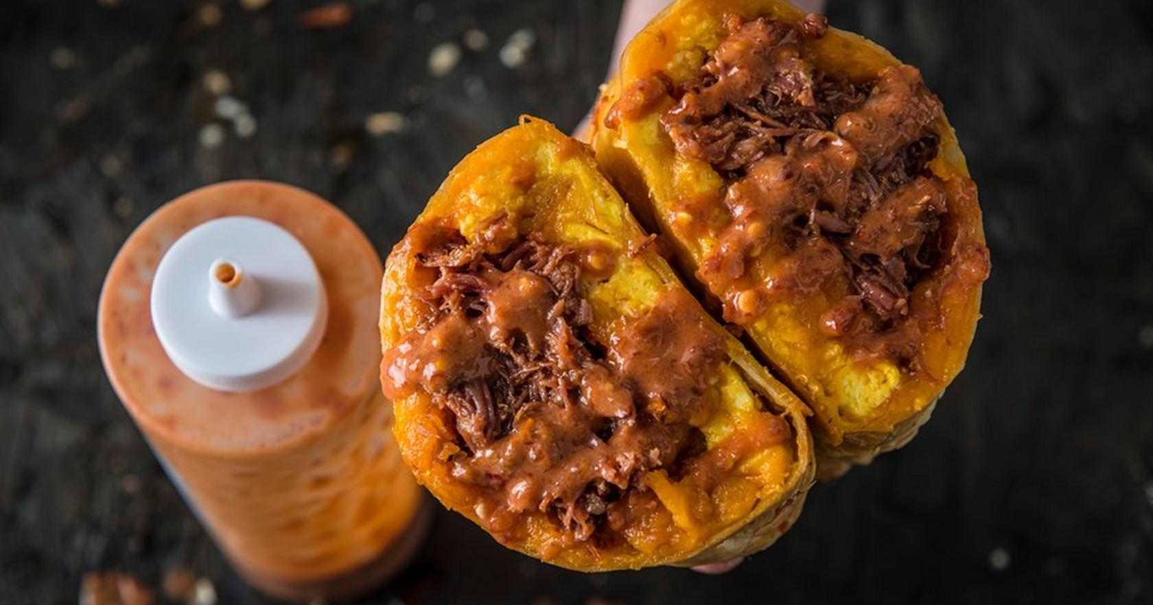 image of BBQ Pulled Pork Breakfast Burrito With Smoked Hot Sauce