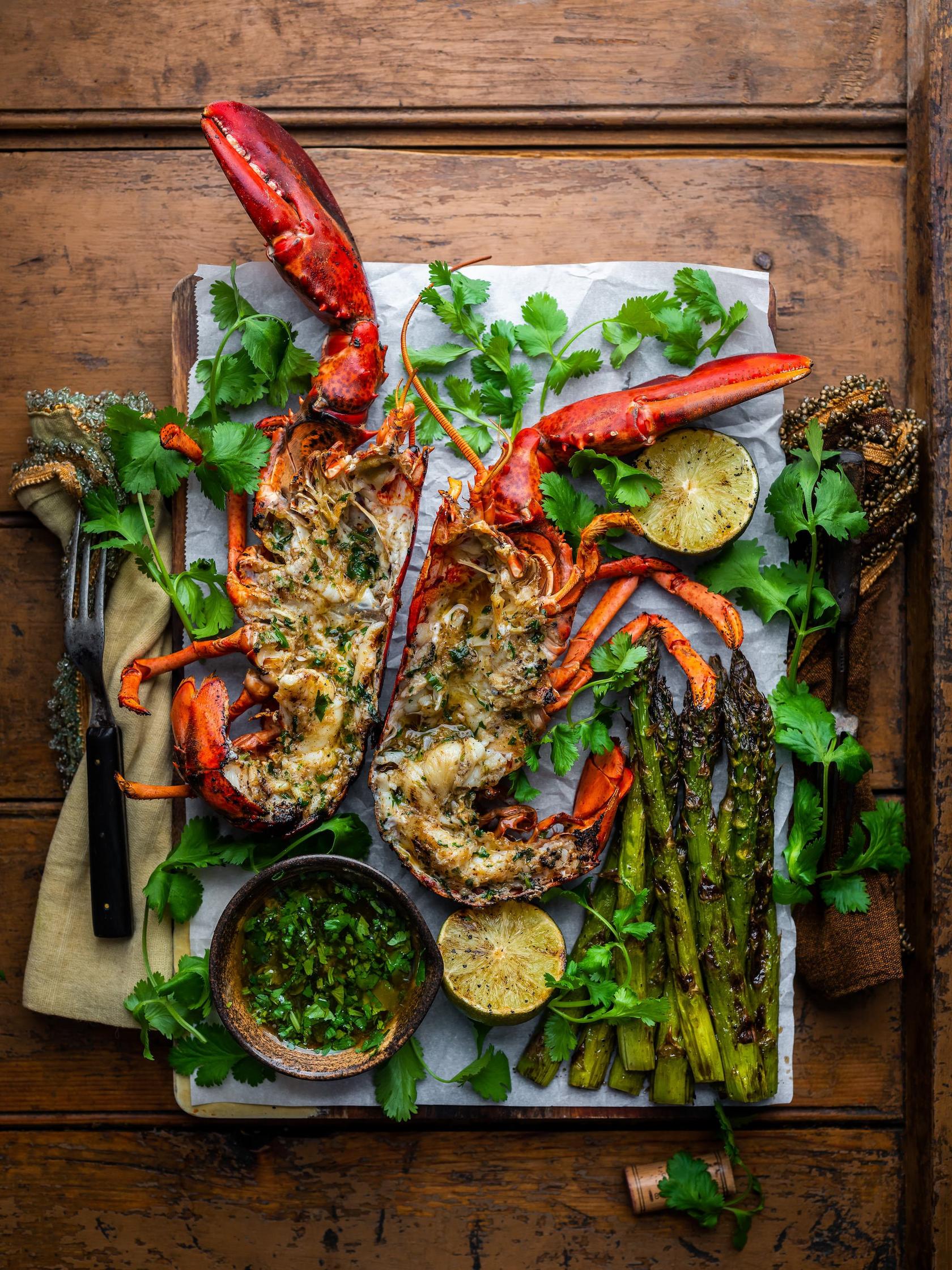 Caribbean Curry Grilled Lobsters with Garlic Lime Asparagus