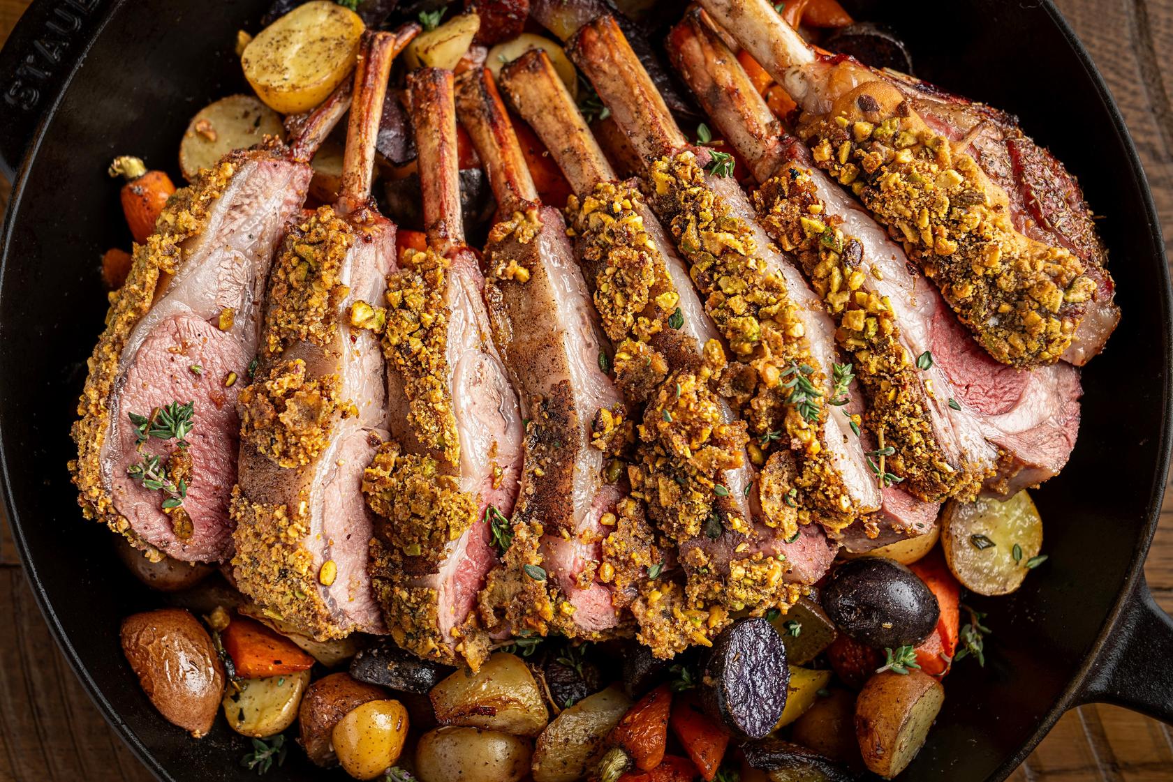 Pistachio Crusted Roasted Lamb with Vegetables