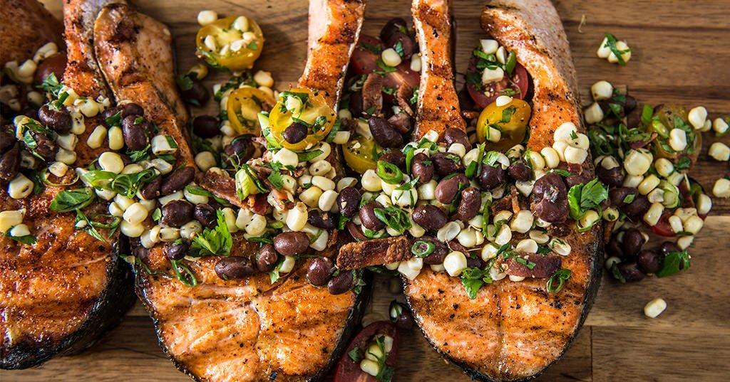 Grilled Salmon Steaks Recipe with BBQ Corn Salad Traeger Grills