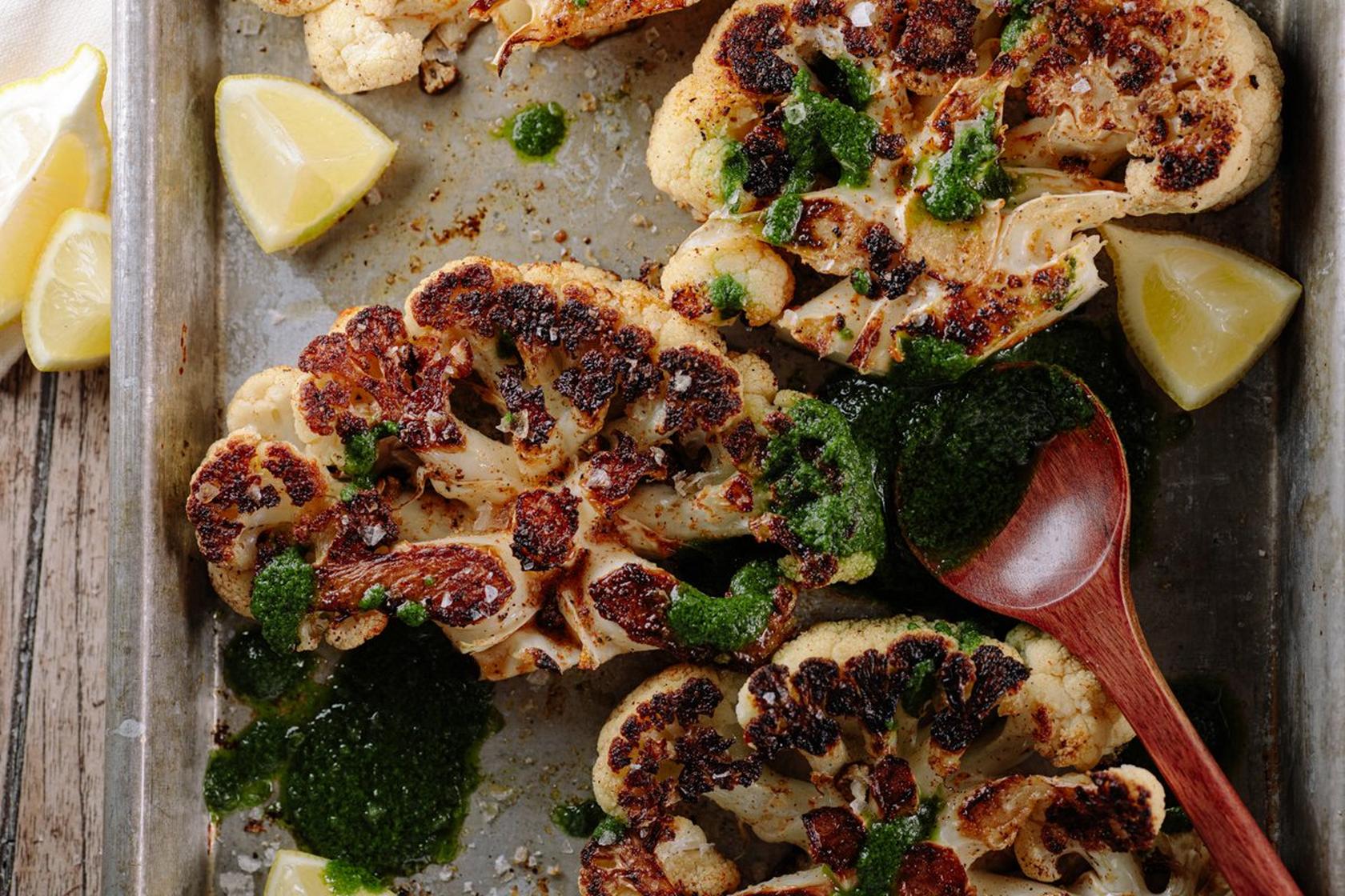 Smoke & Sizzle Cauliflower Steaks with Fresh Herb Sauce