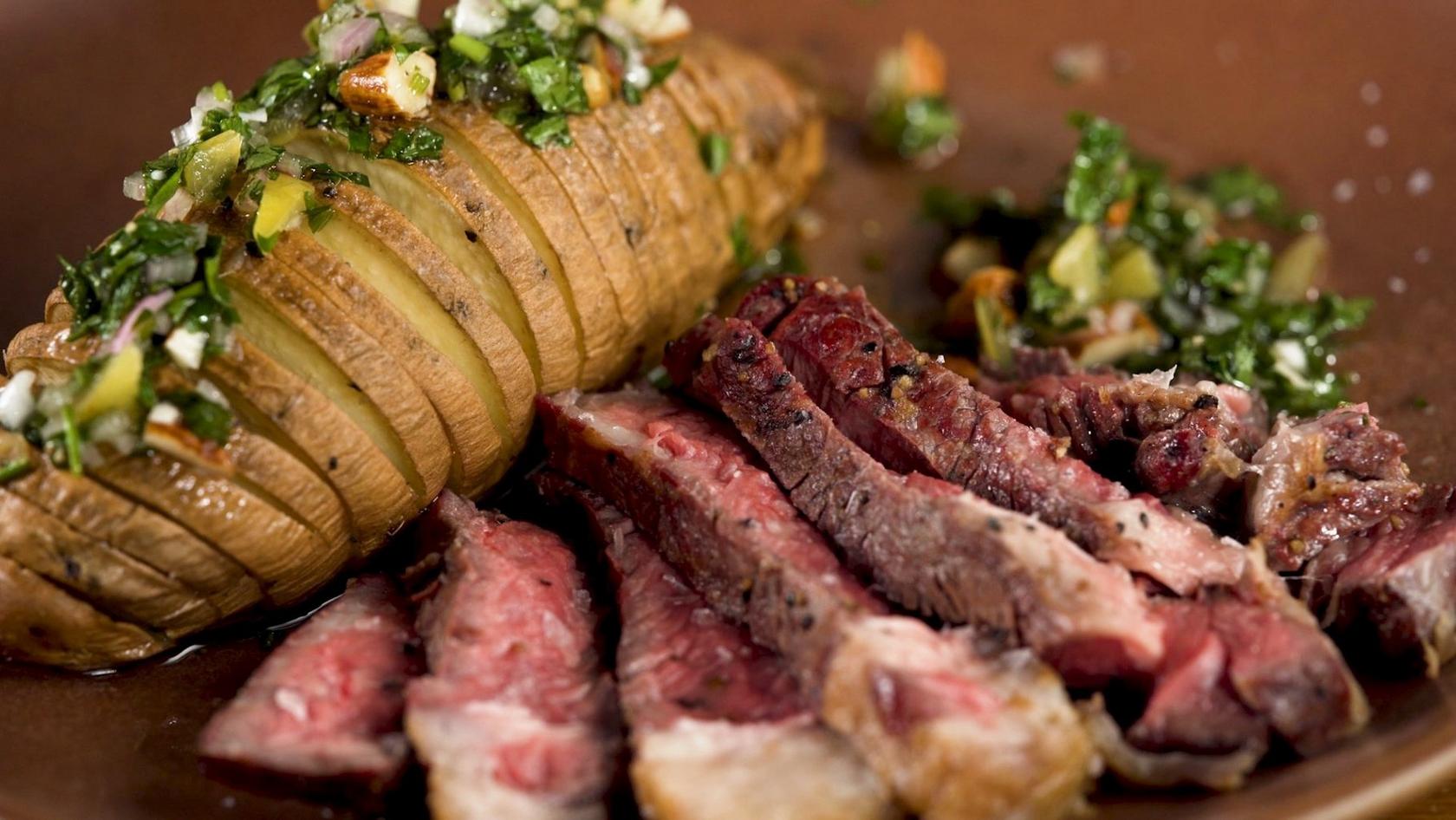 Grilled Rib-Eye With Hasselback Sweet Potatoes