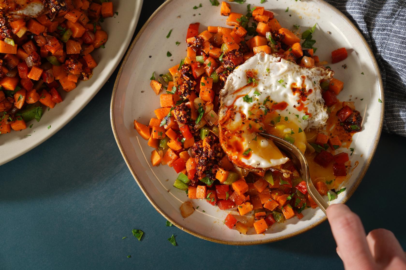 Sweet Potato Hash with Eggs on the Griddle