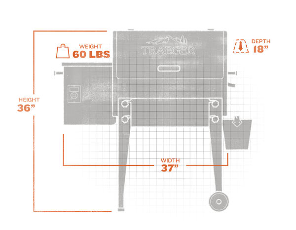 The Traeger Tailgater is 36 inches high x 37 inches wide x 18 inches deep.