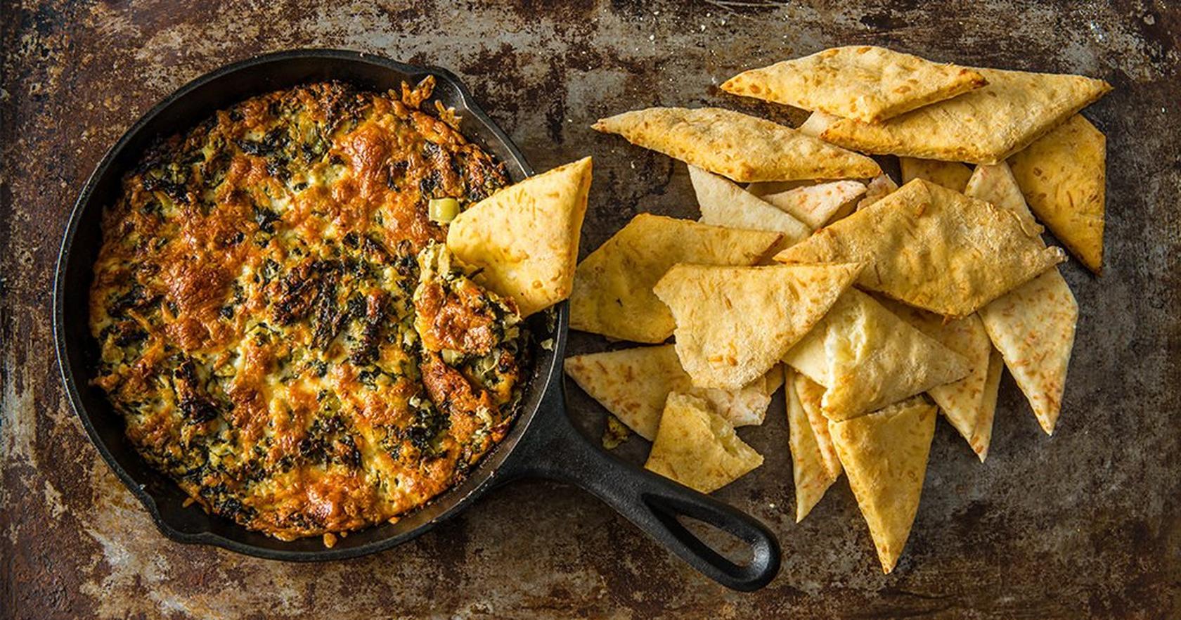 Baked Artichoke Dip with Homemade Flatbread