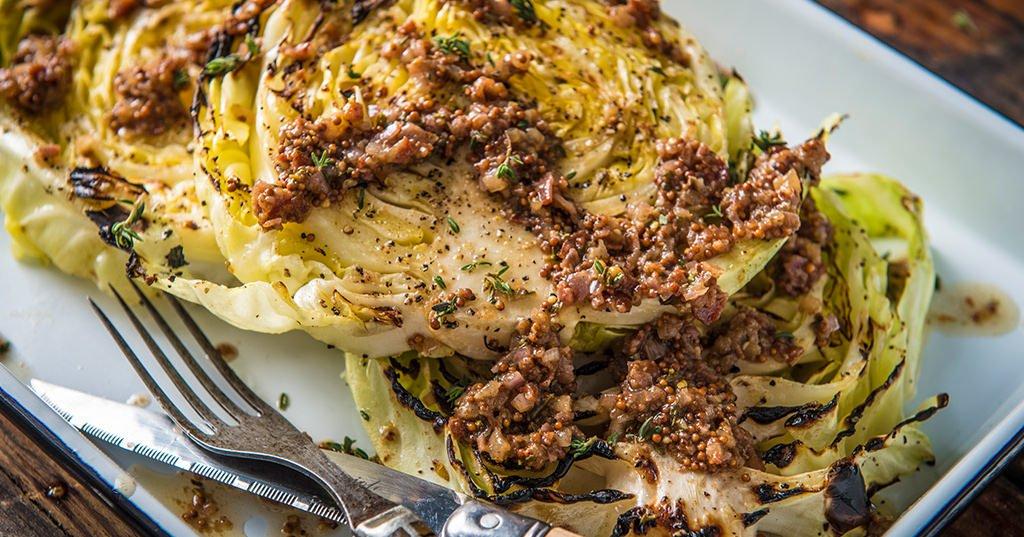 Grilled Cabbage Steaks with Warm Bacon Vinaigrette Traeger
