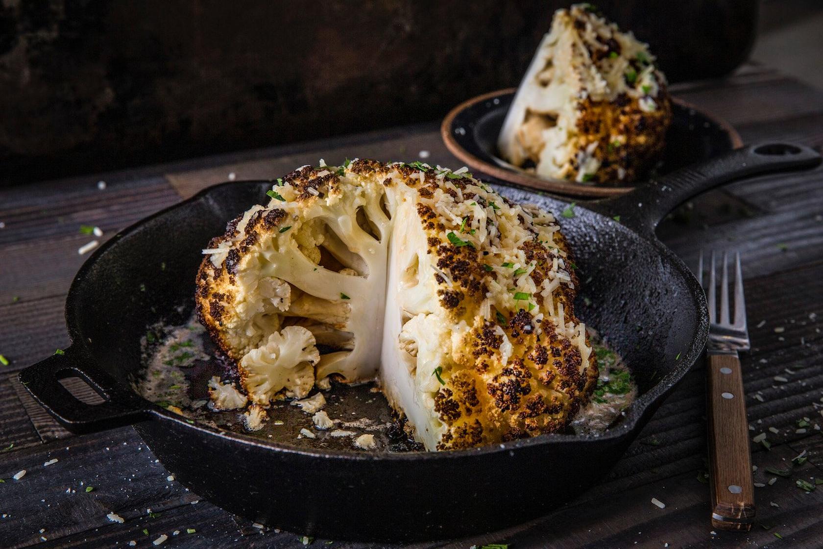 Whole Roasted Cauliflower with Garlic Parmesan Butter