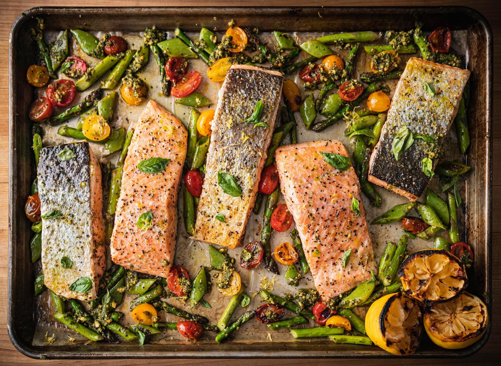 Roasted Sheet Pan Salmon with Spring Vegetables and Pesto