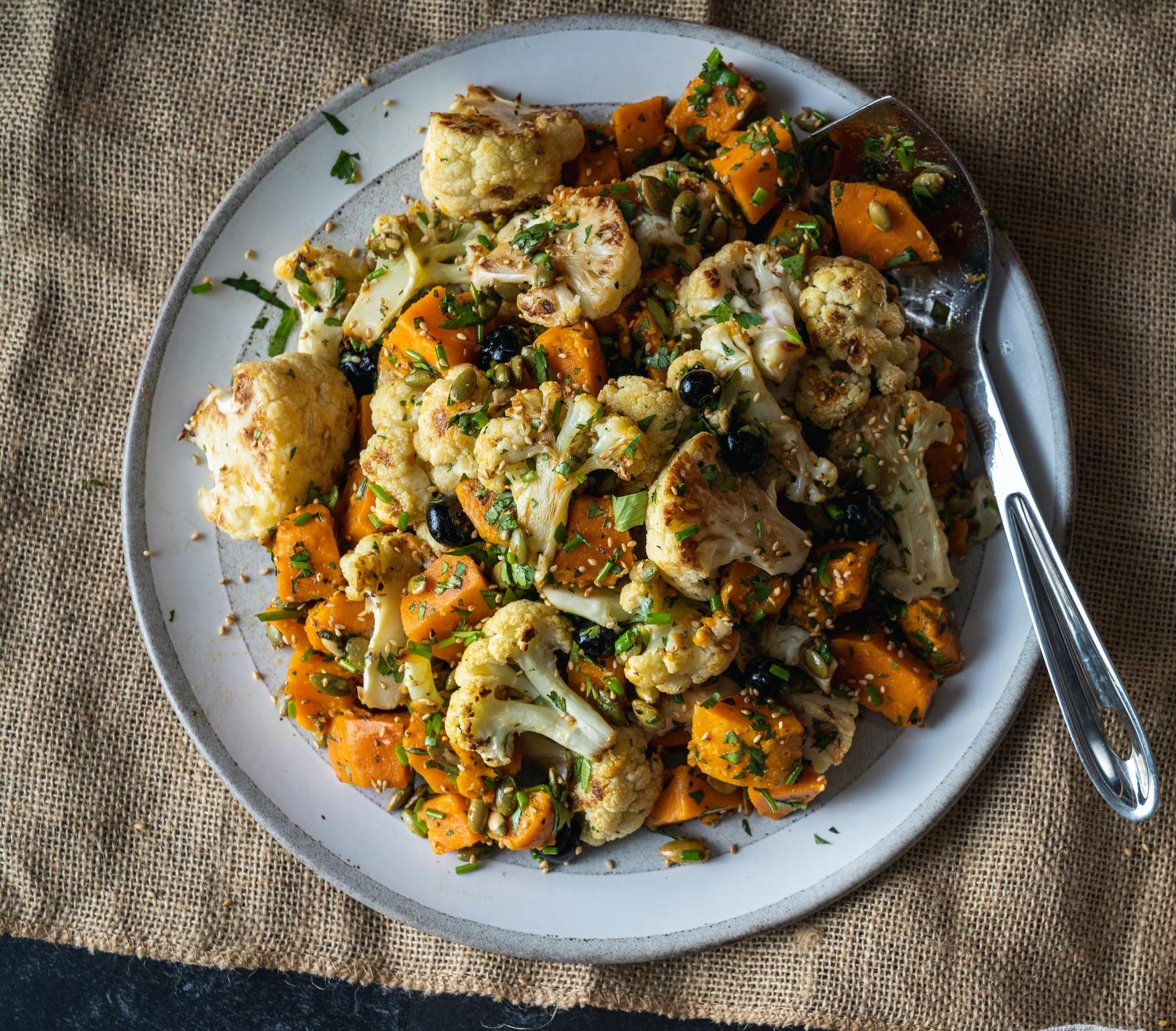 Blistered Cauliflower Salad with Smoked Sweet Potatoes and Pumpkin Seeds