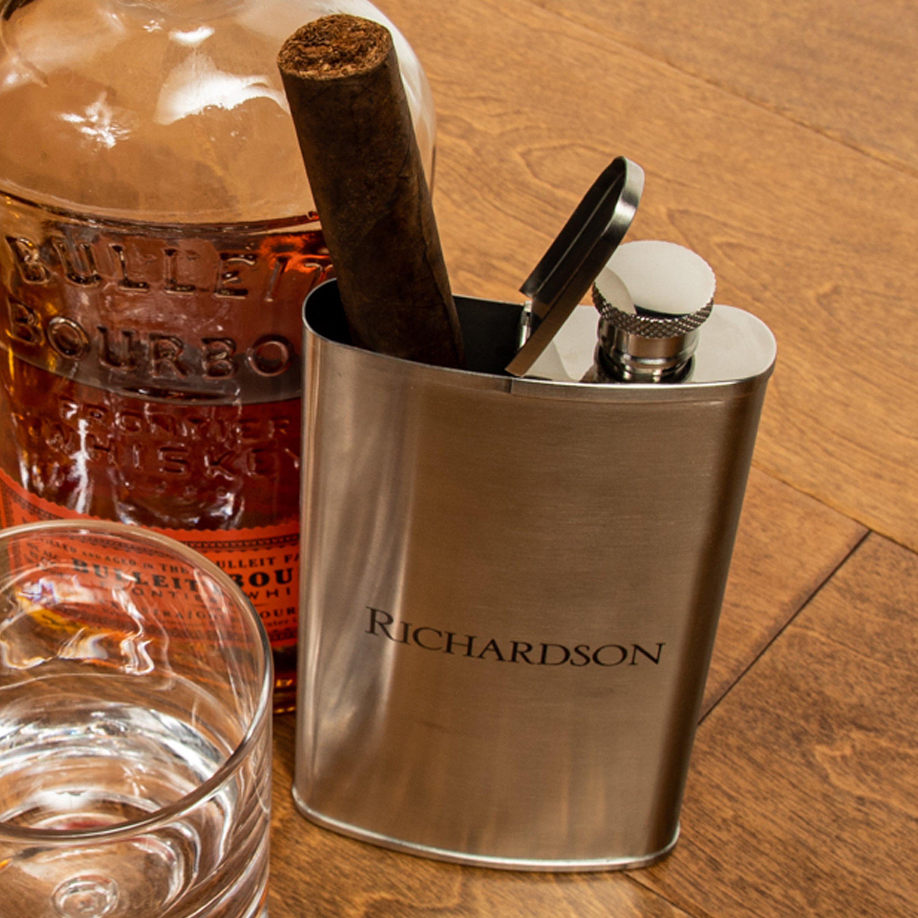 Personalized Stainless Steel Flask with Cigar Holder - Wine Enthusiast