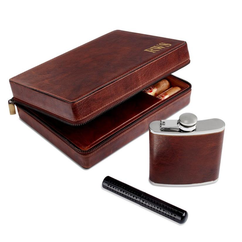 Leather Cigar Travel Case with Flask
