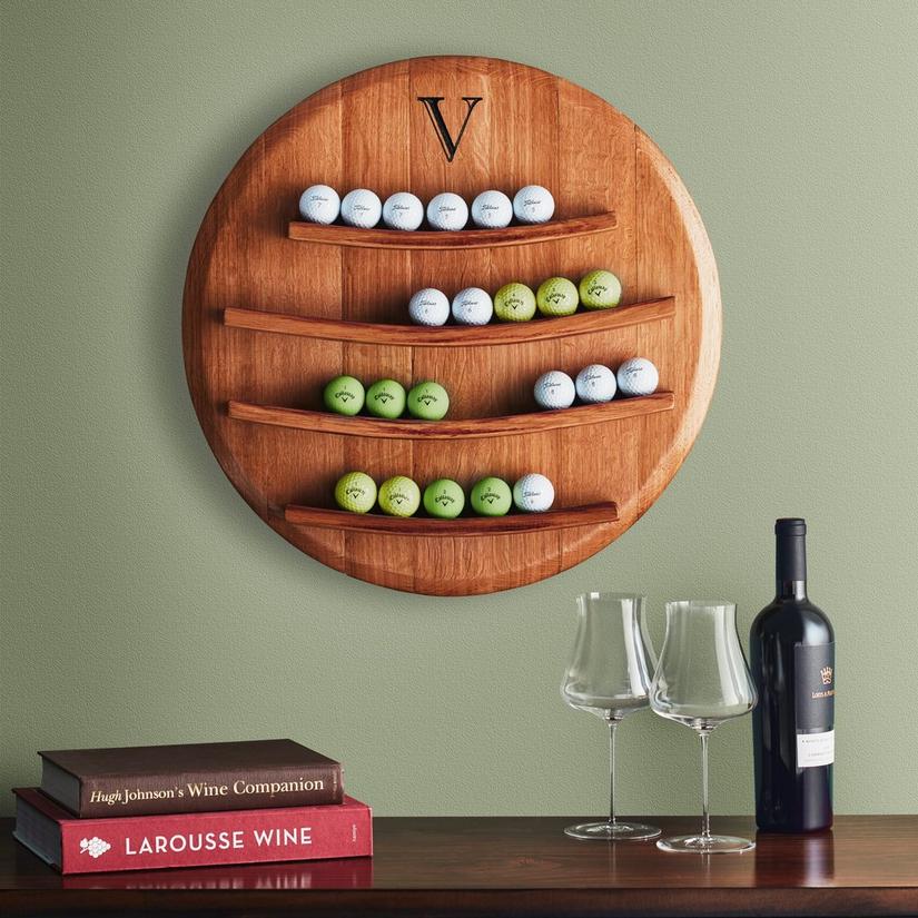 Reclaimed Wine Barrel Head Golf Ball Display Shelf