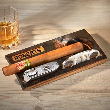 Personalized Reclaimed Bourbon Barrel Cigar Ashtray with Torch Lighter and Cutter