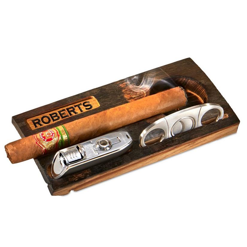 Personalized Reclaimed Bourbon Barrel Cigar Ashtray with Torch Lighter and Cutter