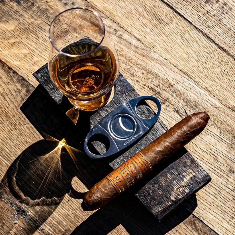 Reclaimed Whiskey Barrel Cigar Rest and Glencairn Glass Set with Cigar Cutter