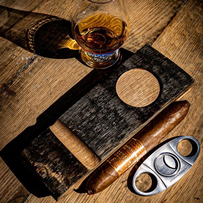 Reclaimed Whiskey Barrel Cigar Rest and Glencairn Glass Set with Cigar Cutter