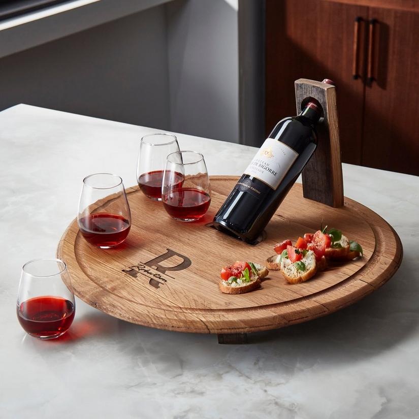 Barrelhead Charcuterie and Wine Serving Board with Stemless Glasses